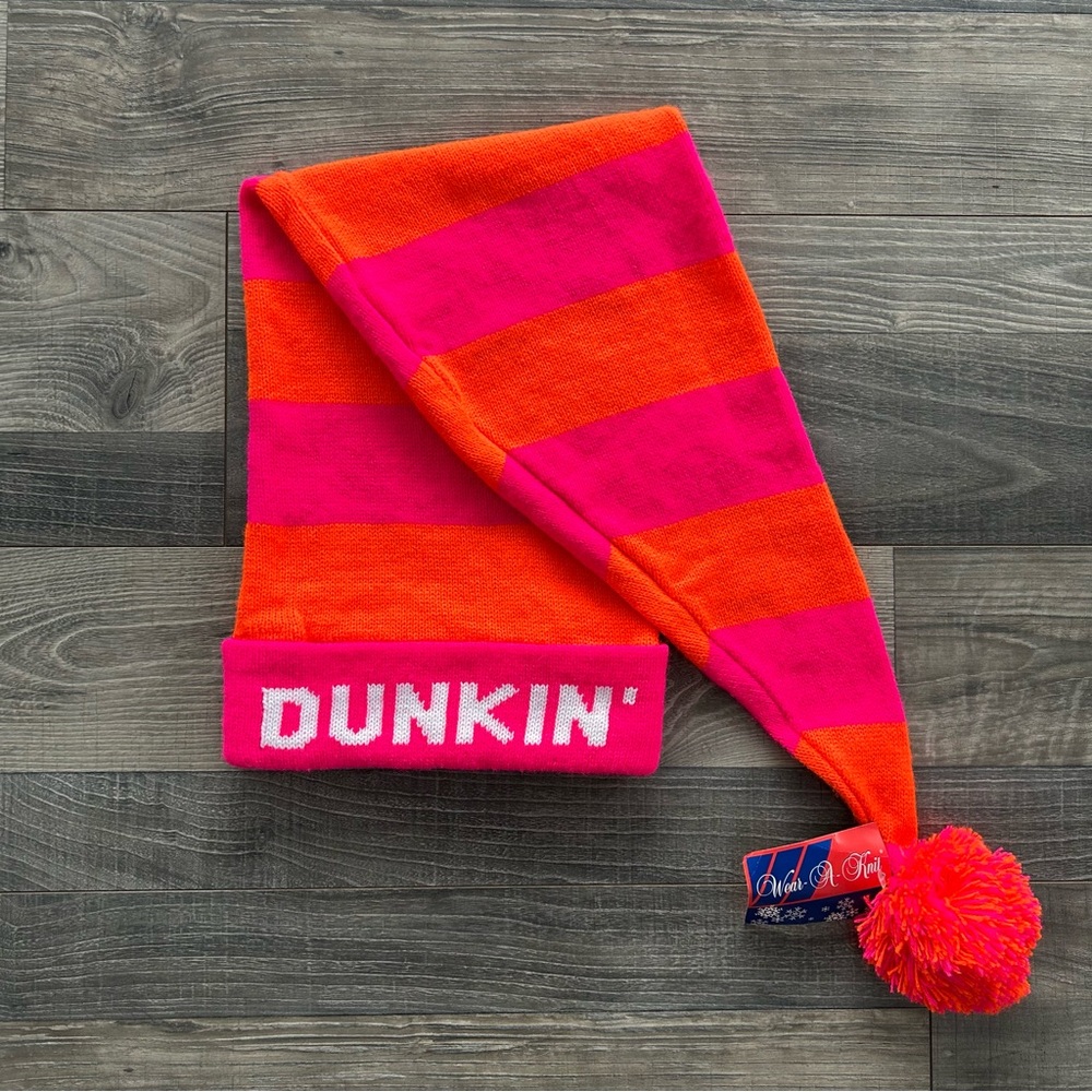 NWT RARE Dunkin’ Donuts Winter Knit Stocking PomPom Hat Pink Orange 3’ Long USA